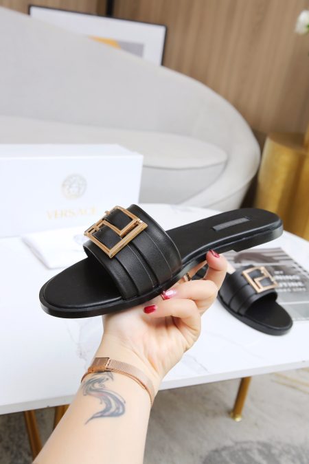 Versace black leather slides