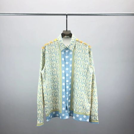 VERSACE MEDOUS BLUE TEXT PRINT SLEEVED SHIRT