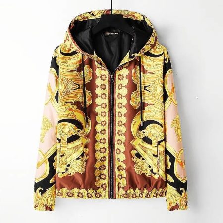 Versace Men's Baroque Print Hooded Windbreaker in Gold/Black